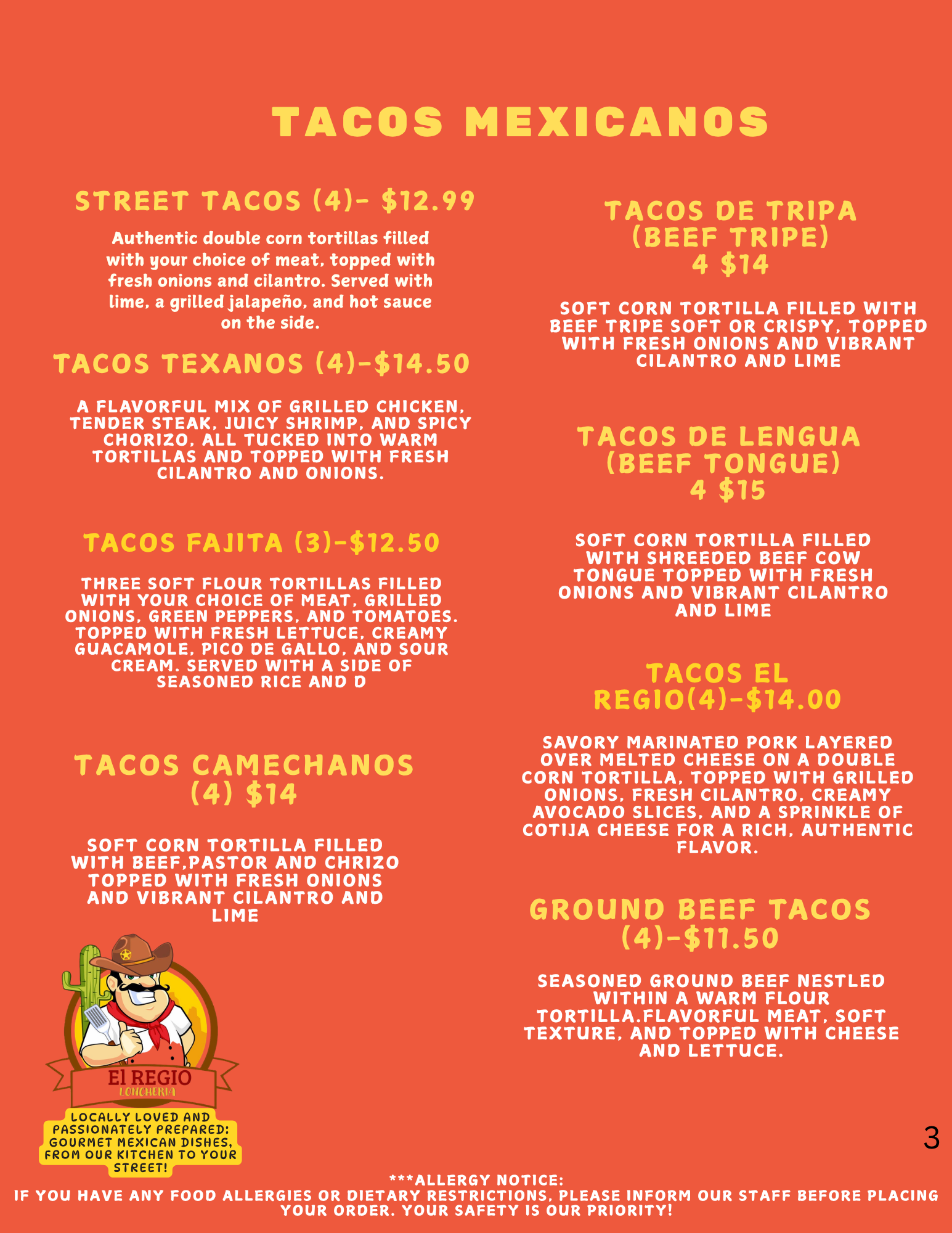 EL REGIO Loncheria tacos mexicanos menu page 1