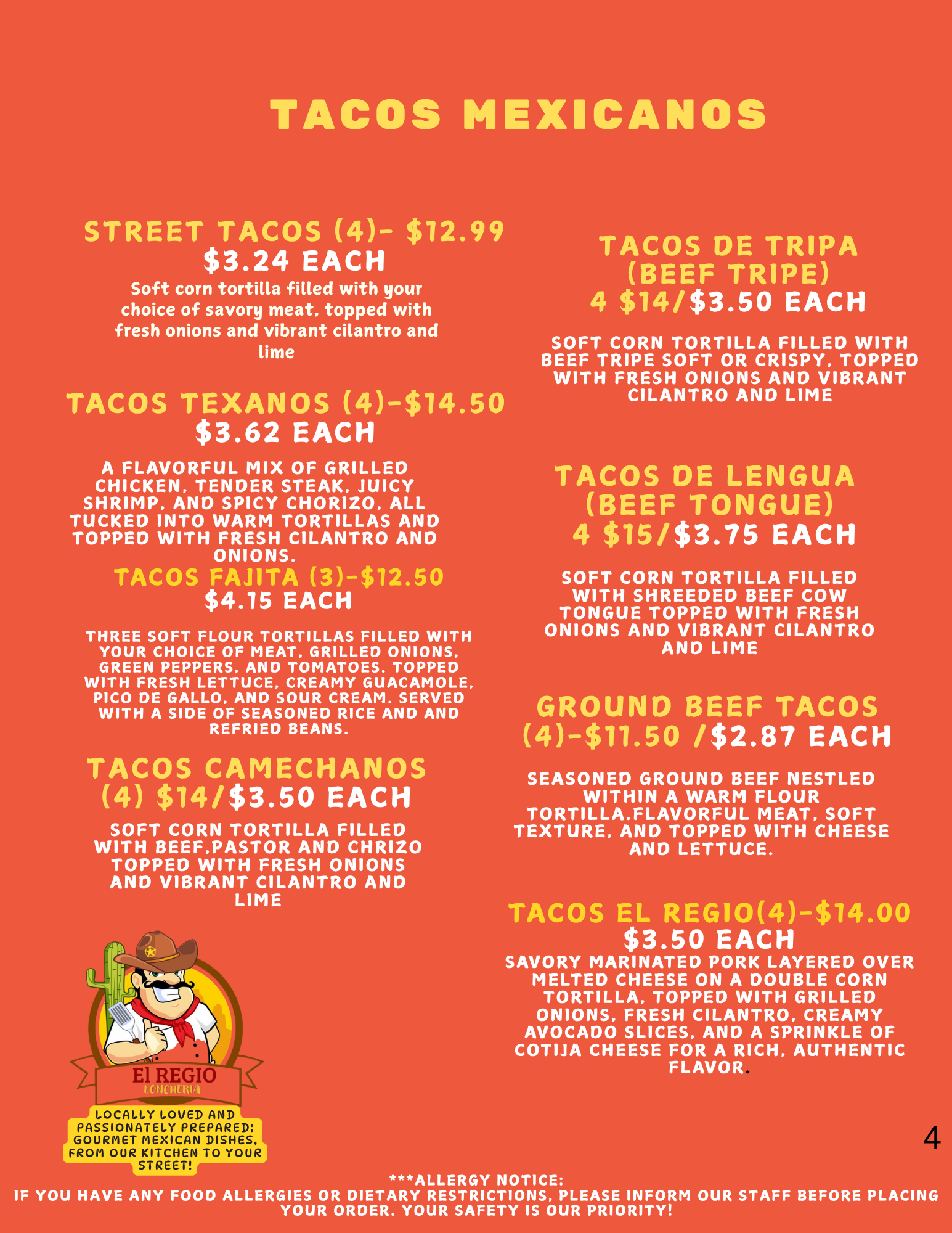 EL REGIO Loncheria tacos mexicanos menu page 2