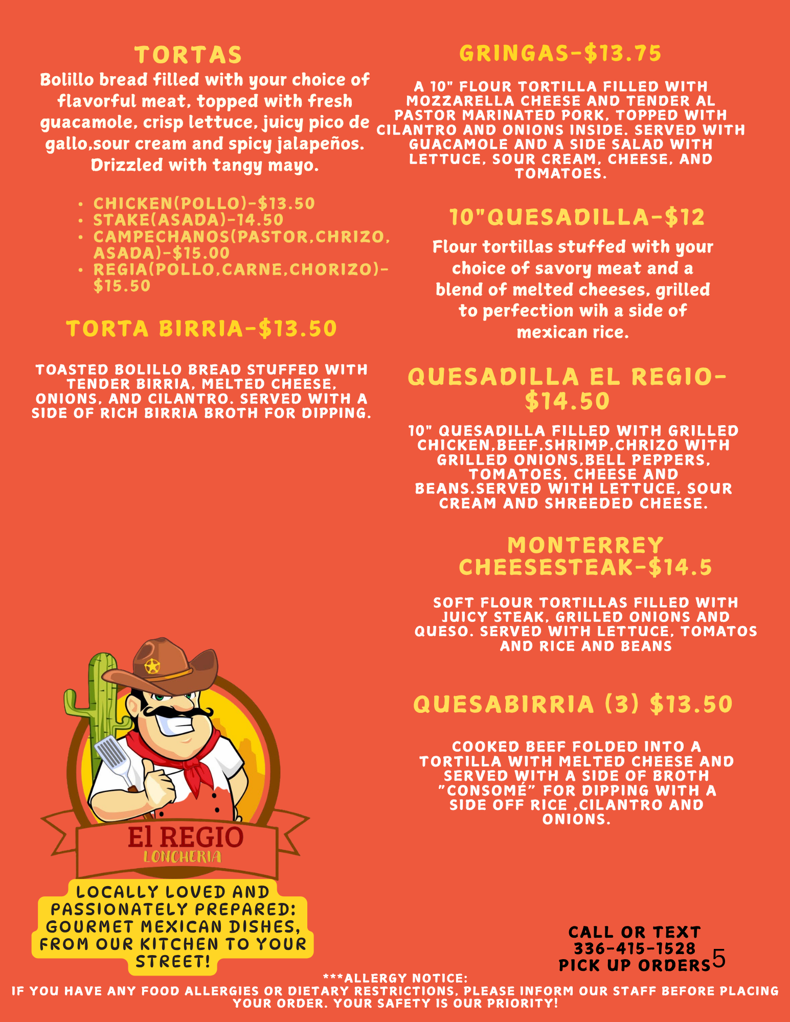 EL REGIO Loncheria tortas, sopes, and quesadillas menu page